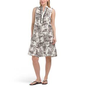 FRANCESCA BETTI Italy Linen Blend Sleeveless Toile Print Tiered Mini Dress